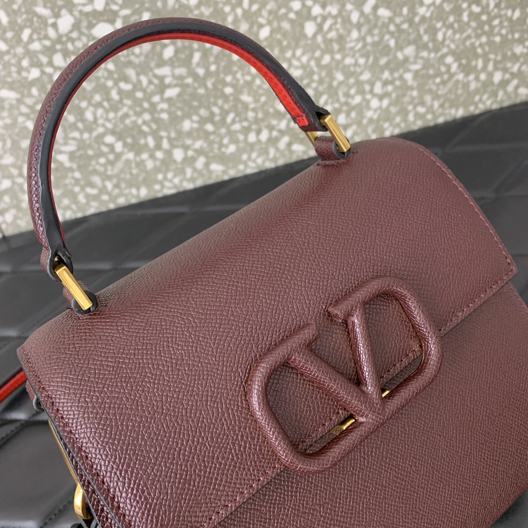 Valentino Garavani Vsling Small Handbag in Burgundy Grainy Calfskin 